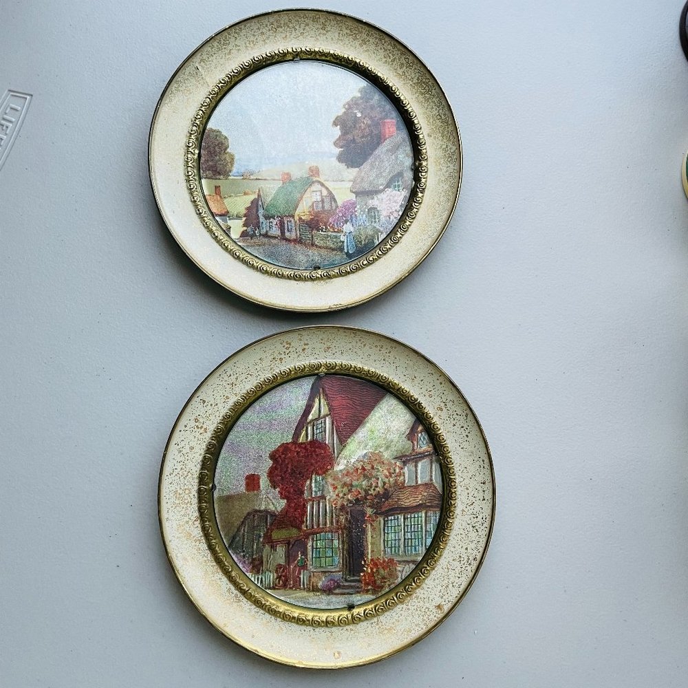 Vintage Brass Art Print Plates 7.5” England Village Scenes Set of 2